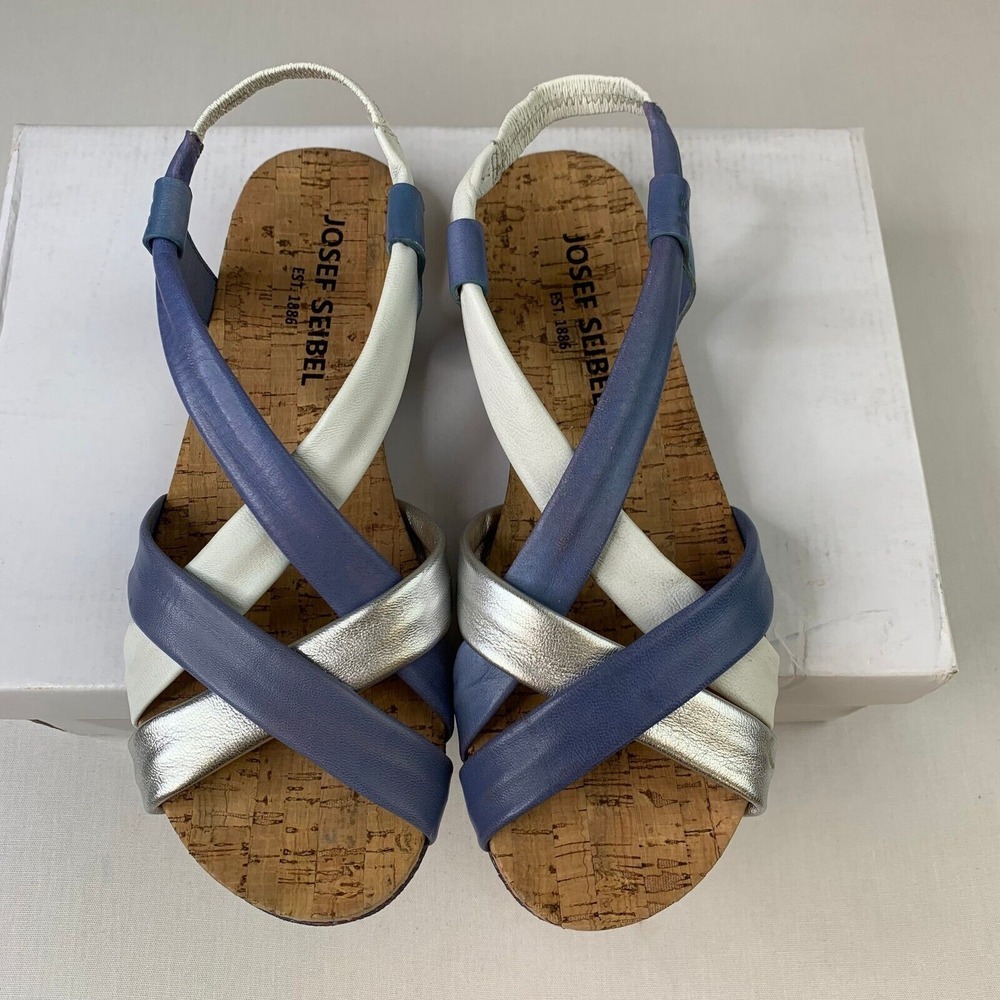 Josef Seibel Womens Henriette Sandal Blue Silver Cross Over Strap Flat Sz 6.5/37 - Picture 11 of 13
